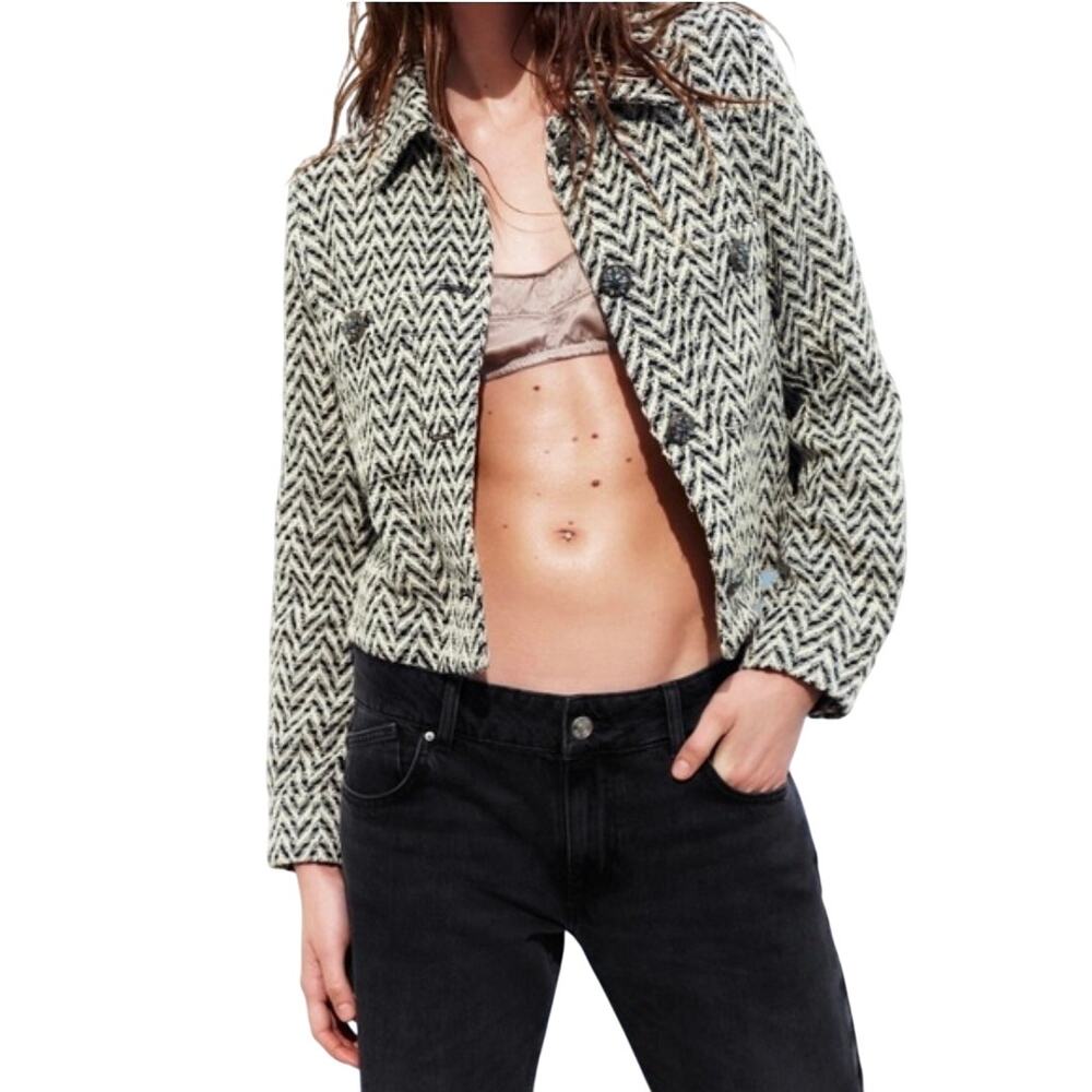 Zara Monochrome Herringbone Tweed Crop Rhinestone Button Blazer Coquette Medium